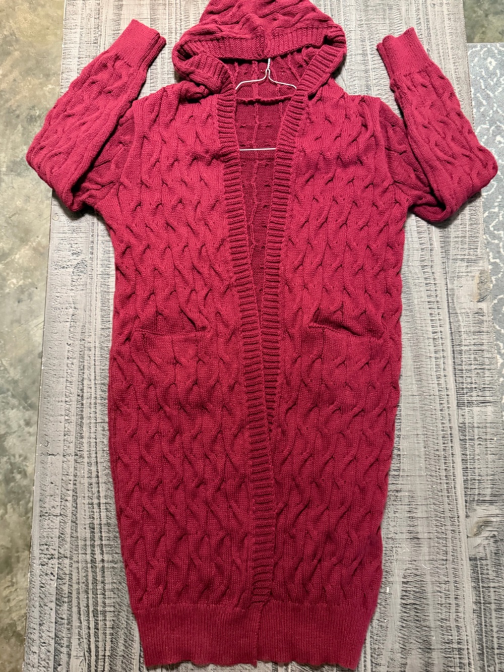 Hooded Cable-Knit Long Cardigan Sweater - Raspberry Maroon - Picture 2 of 10